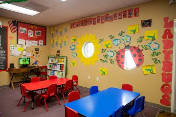Brighten Academy classroom with flower and ladybug art on walls